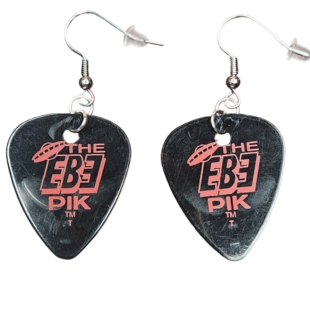 Alien Guitar Pick Earrings Surgical Stainless Steel Red & Black Lightweight - Picture 5 of 6